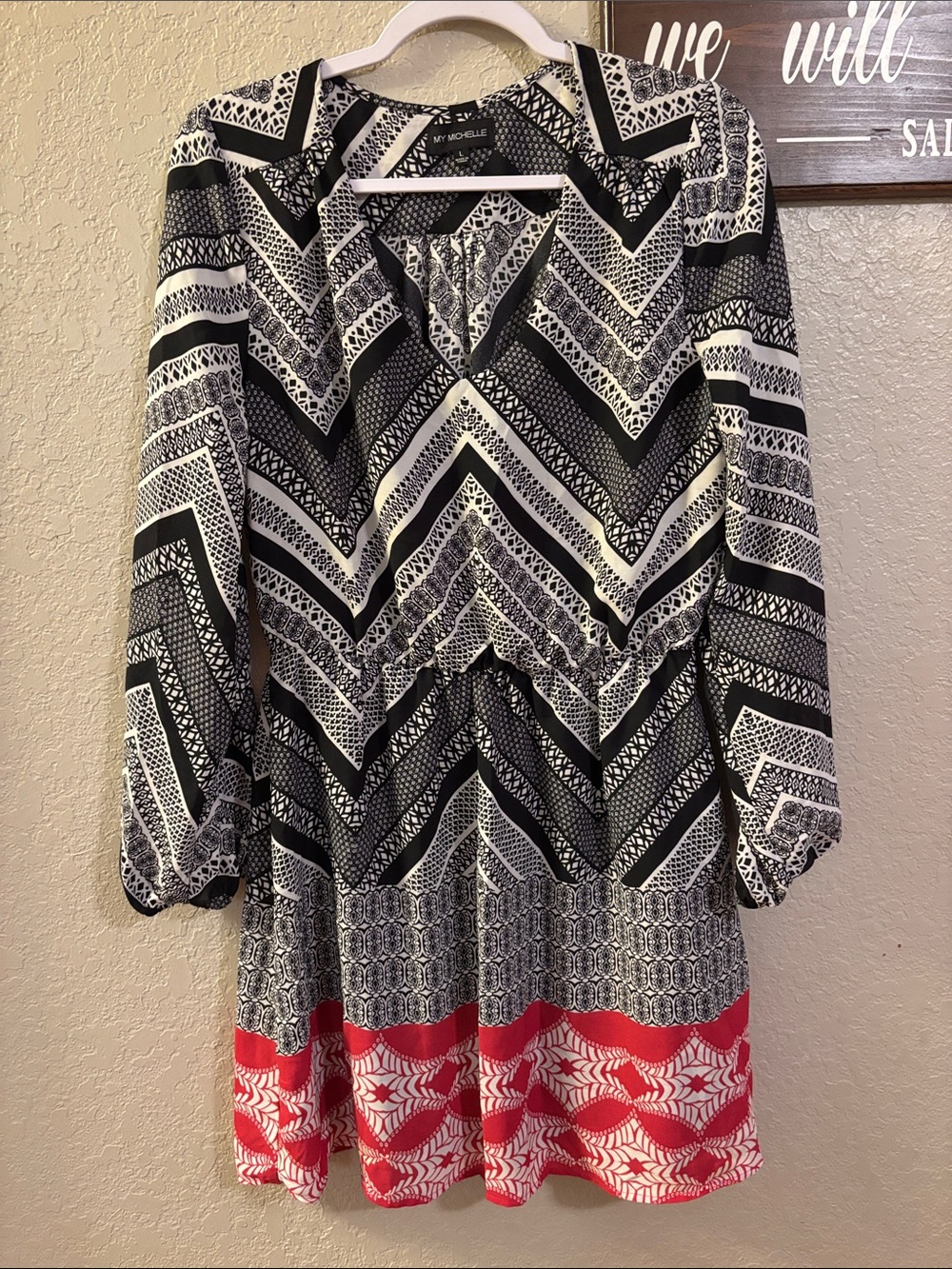 My Michelle Black, White & Red Long Sleeve Chevron Dress